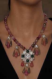 Gold Finish Mosaic Stone Long Necklace