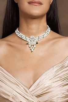 Gold Finish White & Green Beaded Necklace