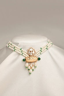 Gold Finish White & Green Beaded Necklace