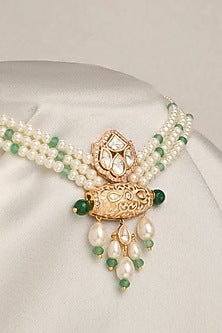 Gold Finish White & Green Beaded Necklace