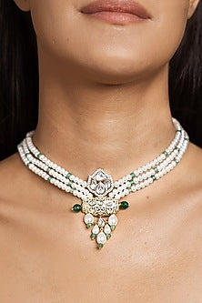 Gold Finish White & Green Beaded Necklace