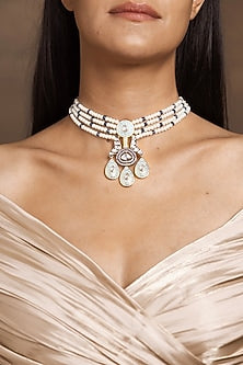 Gold Finish White & Green Beaded Choker Necklace