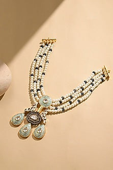 Gold Finish White & Green Beaded Choker Necklace