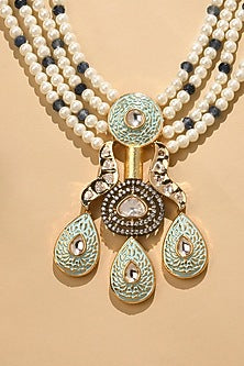 Gold Finish White & Green Beaded Choker Necklace