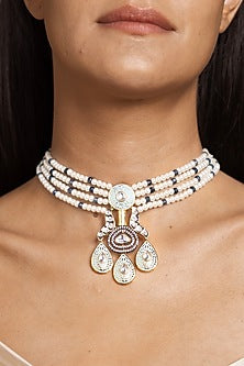 Gold Finish White & Green Beaded Choker Necklace