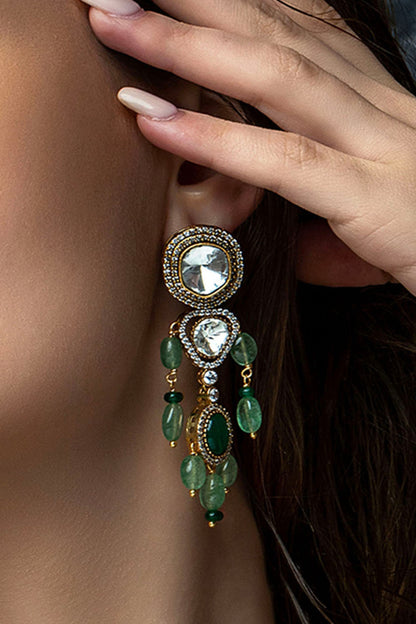 Gold Plated Jade Tumble & Emerald Stone Earrings