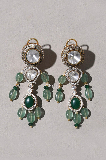 Gold Plated Jade Tumble & Emerald Stone Earrings