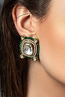 Gold Plated Hydro Polki Stone & Green Agate Beaded Earrings