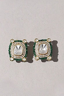 Gold Plated Hydro Polki Stone & Green Agate Beaded Earrings