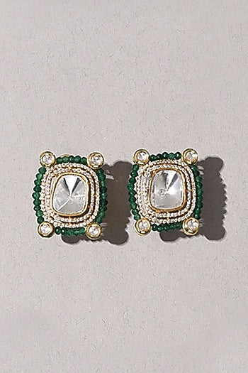 Gold Plated Hydro Polki Stone & Green Agate Beaded Earrings