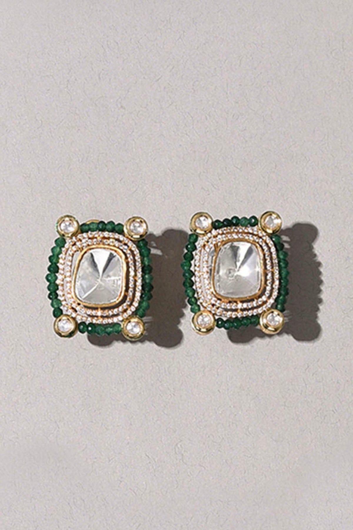 Gold Plated Hydro Polki Stone & Green Agate Beaded Earrings