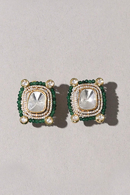 Gold Plated Hydro Polki Stone & Green Agate Beaded Earrings