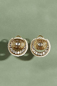 Gold Plated Hydro Polki & Shell Pearl Stud Earrings