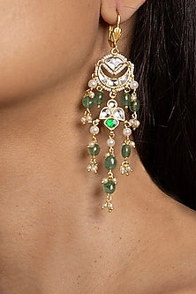 Gold Finish Green Kundan Polki Dangler Earrings