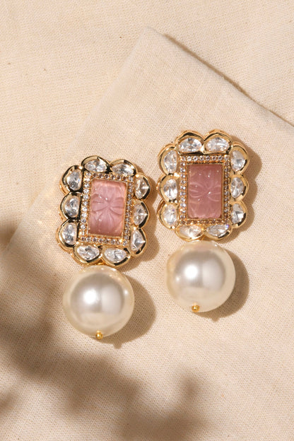 Gold Finish Pink Stone & Pearl Drop Earrings