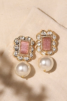 Gold Finish Pink Stone & Pearl Drop Earrings