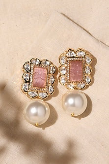 Gold Finish Pink Stone & Pearl Drop Earrings