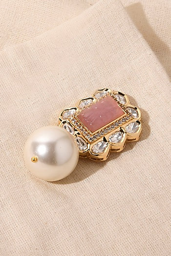 Gold Finish Pink Stone & Pearl Drop Earrings