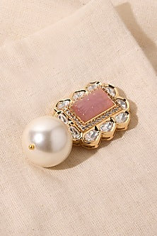 Gold Finish Pink Stone & Pearl Drop Earrings