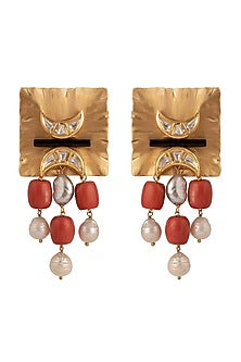 Gold Finish Pearl & Coral Beaded Earrings