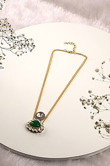 Gold Finish Kundan Polki & Green Onyx Long Necklace