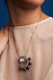Gold Finish Kundan Polki & Black Quartz Long Necklace
