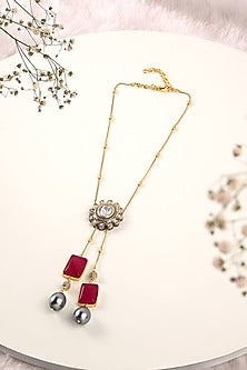 Gold Finish Kundan Polki & Red Agate Long Necklace
