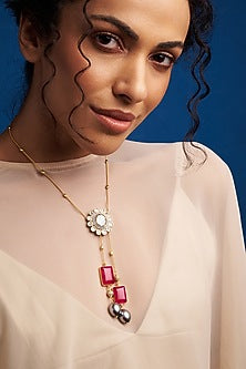 Gold Finish Kundan Polki & Red Agate Long Necklace