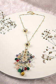 Gold Finish Multi-Colored Stone & Pearl Long Necklace