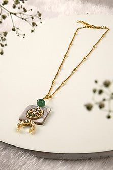 Gold Finish Kundan Polki & Green Agate Long Necklace
