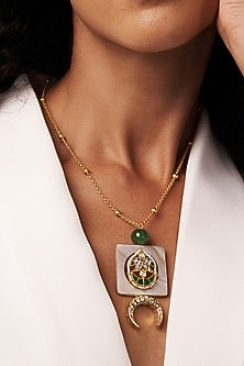 Gold Finish Kundan Polki & Green Agate Long Necklace