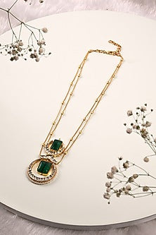 Gold Finish Kundan Polki & Green Onyx Long Necklace