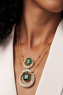 Gold Finish Kundan Polki & Green Onyx Long Necklace