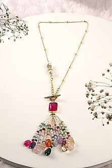 Gold Finish Multi-Colored Stone Tasseled Long Necklace