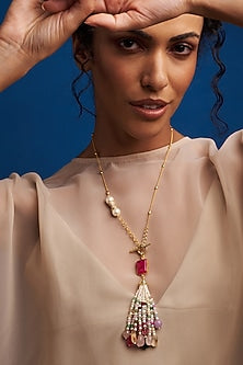 Gold Finish Multi-Colored Stone Tasseled Long Necklace