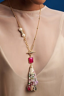 Gold Finish Multi-Colored Stone Tasseled Long Necklace