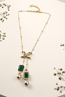 Gold Finish Kundan Polki & Green Onyx Long Lariat Necklace