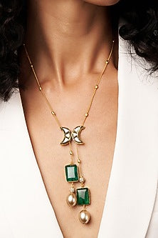 Gold Finish Kundan Polki & Green Onyx Long Lariat Necklace