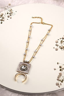 Gold Finish Kundan Polki & Mother Of Pearl Long Pendant Necklace