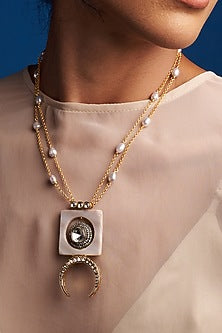 Gold Finish Kundan Polki & Mother Of Pearl Long Pendant Necklace
