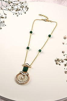 Gold Finish Kundan Polki & Green Agate Long Pendant Necklace