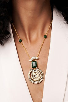Gold Finish Kundan Polki & Green Agate Long Pendant Necklace