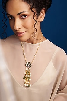 Gold Finish Kundan Polki & Pearl Long Necklace