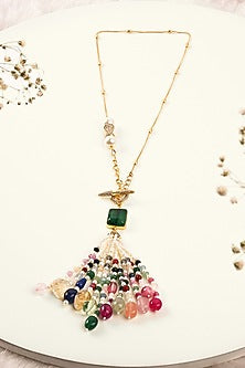 Gold Finish Multi-Colored Stone & Pearl Long Necklace
