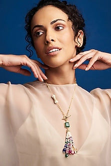 Gold Finish Multi-Colored Stone & Pearl Long Necklace