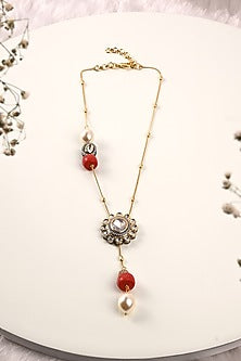 Gold Finish Kundan Polki & Pearl Long Lariat Necklace