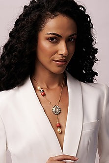 Gold Finish Kundan Polki & Pearl Long Lariat Necklace
