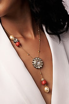 Gold Finish Kundan Polki & Pearl Long Lariat Necklace
