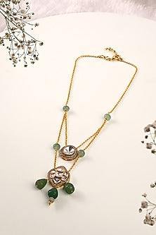 Gold Finish Kundan Polki & Green Agate Long Layered Necklace