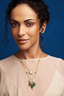 Gold Finish Kundan Polki & Green Agate Long Layered Necklace